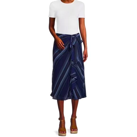 Lauren Ralph Lauren Stripe Print Crinkle Georgette Cascading Ruffle Midi Skirt. - Picture 5 of 16